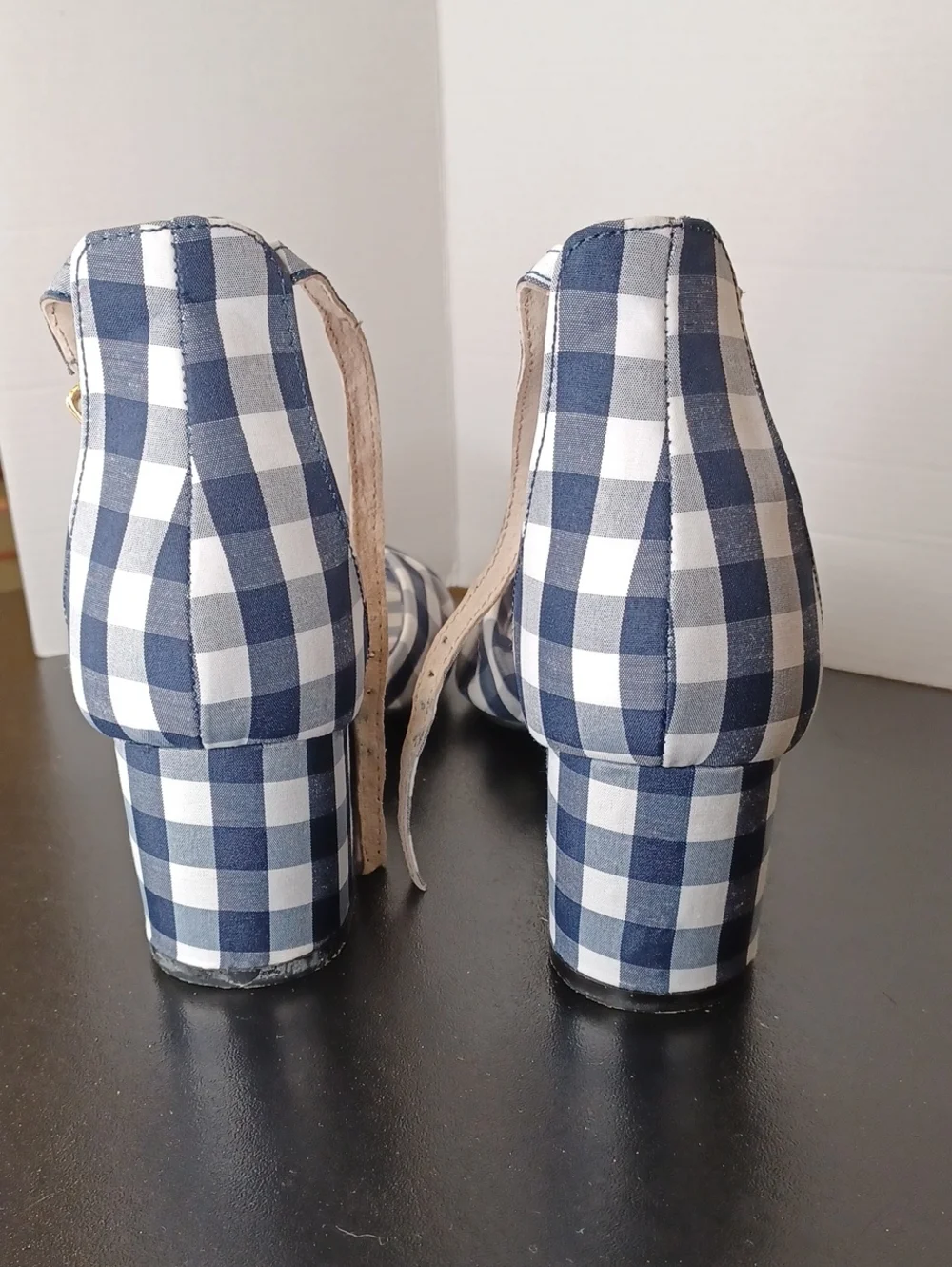 Betsey Johnson Navy and White Gingham Knot Front Block Heels Sz 8